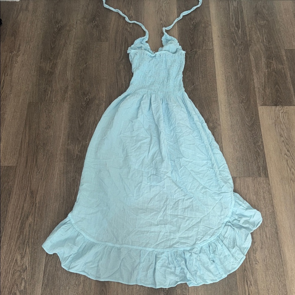Cotton Natural Baby Blue Halter Dress – Hi-Low Lace Trim (Size Medium) - Picture 4 of 6